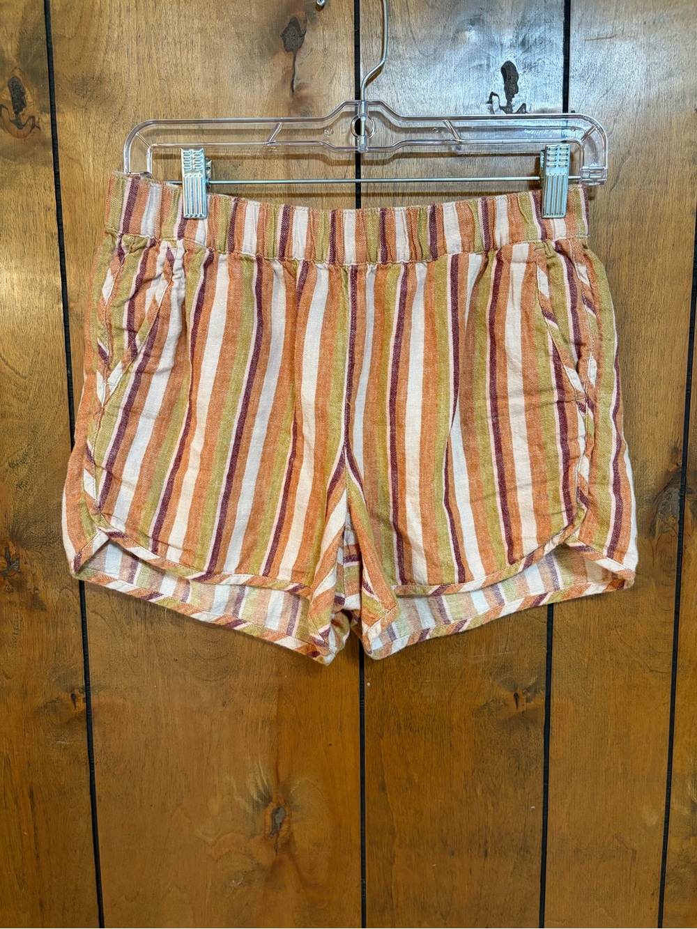 Madewell Striped Elastic-Waist Athletic Shorts in Rust, Gold & Cream
